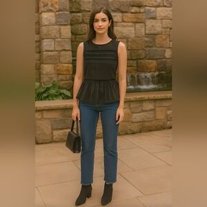 Madewell Black Lace Detail Blouse Peplum Eyelet 100% Silk Office Grunge